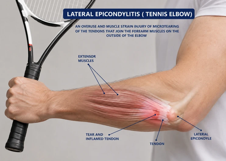 Illustration of lateral epicondylitis (tennis elbow): microtearing of the extensor tendons where they attach at the lateral epicondyle on the outside of the elbow
